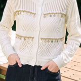 Exquisite V‑Neck Hollow Beaded Long‑Sleeve Knit Cardigan With Lace Trim