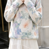 Casual Crew Neck Blurred Floral Long‑Sleeve Knit Top