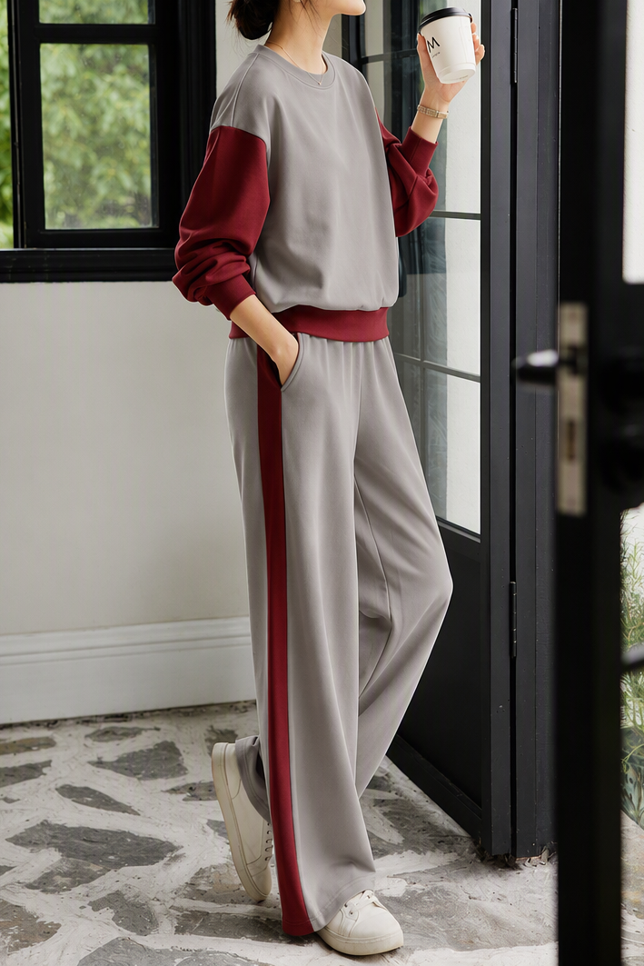 Casual Crew Neck Color‑Block Long‑Sleeve Sweatshirt And High‑Waisted Wide‑Leg Pants Set