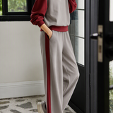 Casual Crew Neck Color‑Block Long‑Sleeve Sweatshirt And High‑Waisted Wide‑Leg Pants Set