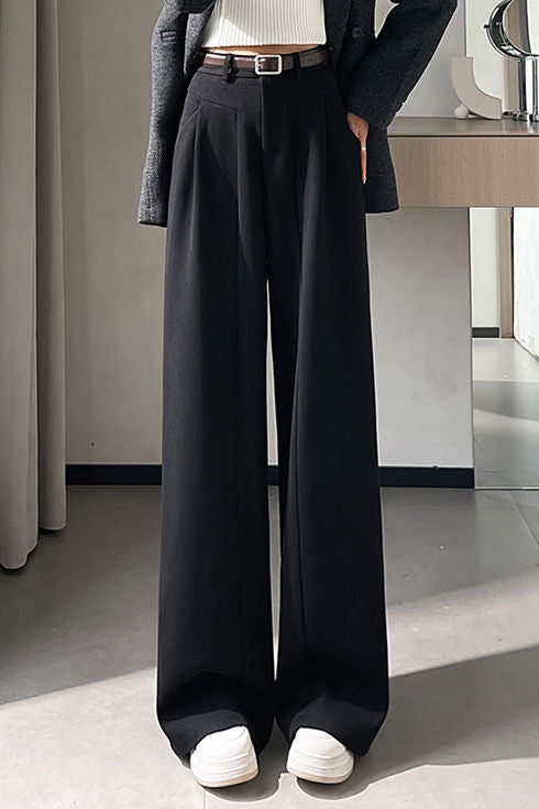 Casual Commuter High‑Waisted Wool Blend Wide‑Leg Trousers