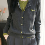 Elegant Commuter Crew Neck Ribbed Fake Two‑Piece Knit Cardigan