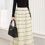 French Elegant Crew Neck Color‑Block Fitted Waist Tiered Maxi Dress