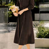 Elegant Small Open V‑Neck Long‑Sleeve Midi Dress