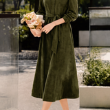 Elegant Small Open V‑Neck Long‑Sleeve Midi Dress