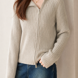 Elegant Commuter Big Lapel Zip‑Up Raglan Sleeve Knit Top