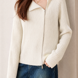 Elegant Commuter Big Lapel Zip‑Up Raglan Sleeve Knit Top
