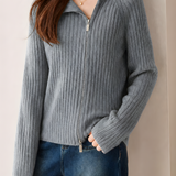 Elegant Commuter Big Lapel Zip‑Up Raglan Sleeve Knit Top