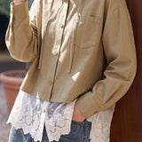 Casual Hooded Long‑Sleeve Shirt With Lace Splicing