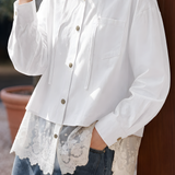 Casual Hooded Long‑Sleeve Shirt With Lace Splicing