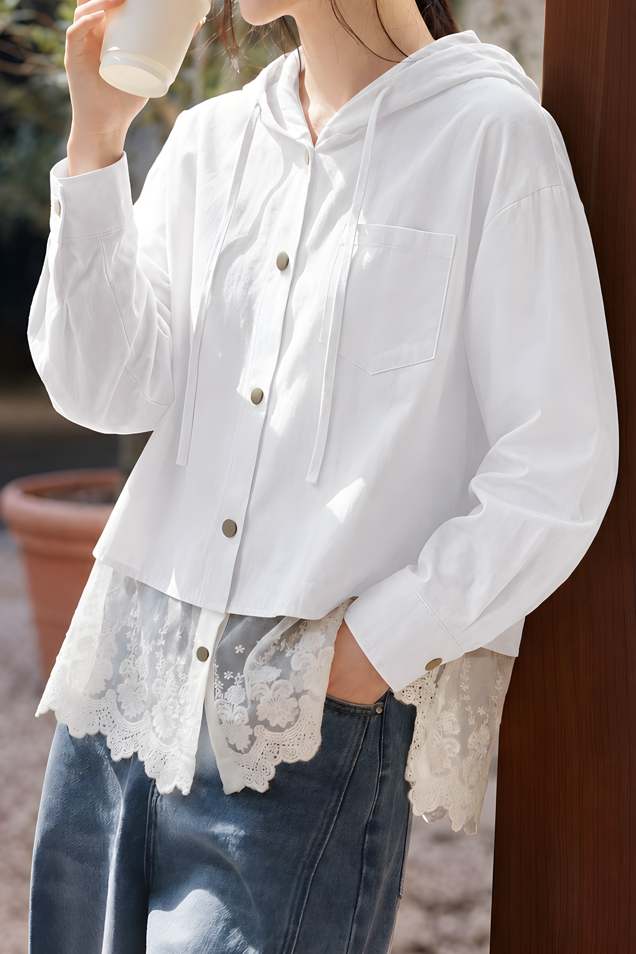 Casual Hooded Long‑Sleeve Shirt With Lace Splicing