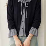Elegant Commuter Plaid Lapel Fake‑Two‑Piece Knit Cardigan