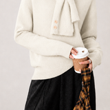 Casual Solid‑Color Knit Top With Attached Scarf Collar And Raglan Sleeves