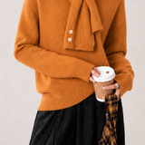 Casual Solid‑Color Knit Top With Attached Scarf Collar And Raglan Sleeves