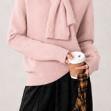 Casual Solid‑Color Knit Top With Attached Scarf Collar And Raglan Sleeves