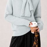 Casual Solid‑Color Knit Top With Attached Scarf Collar And Raglan Sleeves