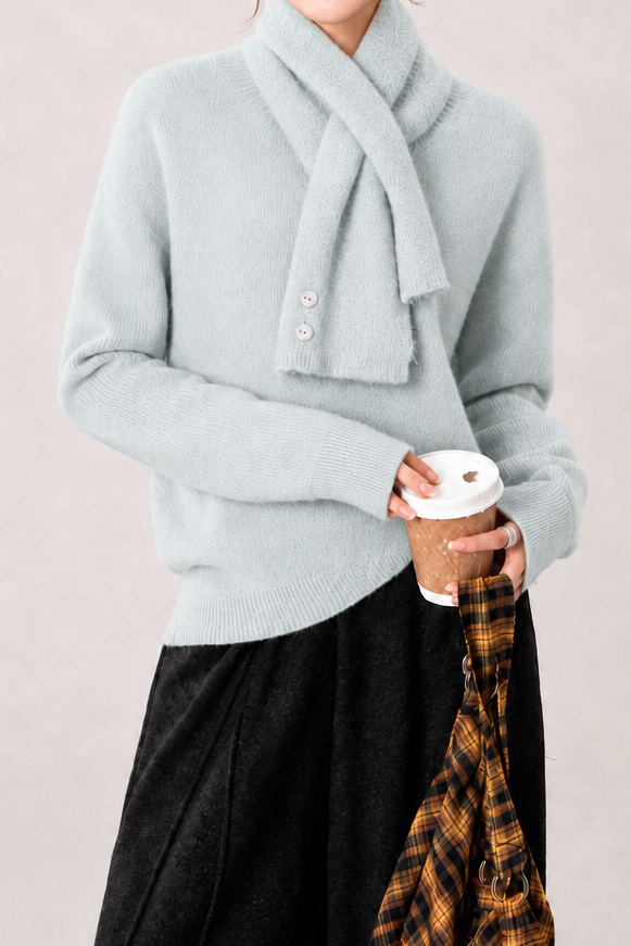 Casual Solid‑Color Knit Top With Attached Scarf Collar And Raglan Sleeves