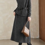 Casual Asymmetrical Diagonal Hem Waist‑Cinched Knit Set