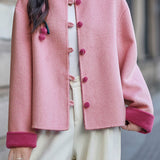 Casual Color‑Block Stand‑Collar Coat With 3D Cherry Decorations