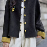 Casual Color‑Block Stand‑Collar Coat With 3D Cherry Decorations