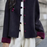 Casual Color‑Block Stand‑Collar Coat With 3D Cherry Decorations