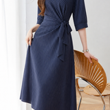 Elegant Gathered Diagonal Stripe Dress With Tie Waist