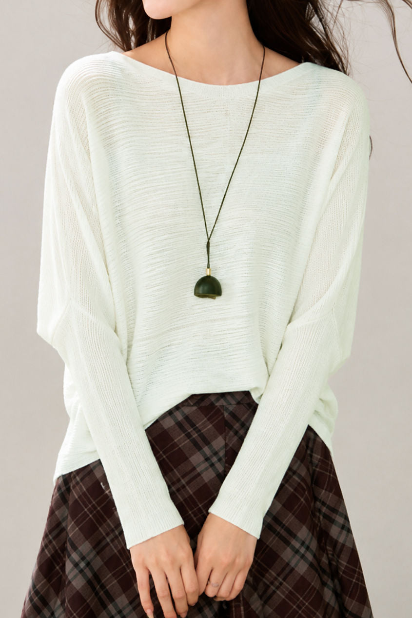 Casual Diagonal Hem Twill Bat‑Sleeve Knit Top