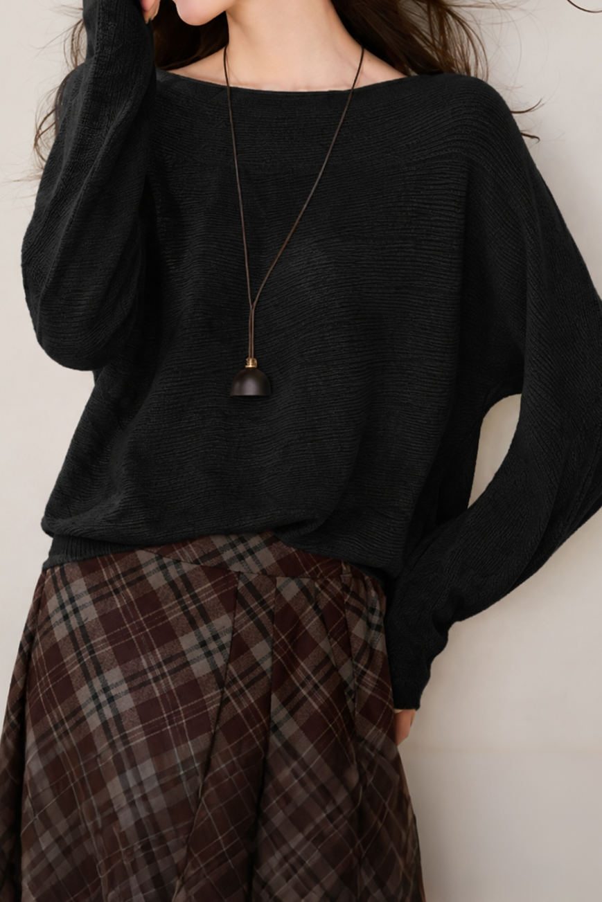 Casual Diagonal Hem Twill Bat‑Sleeve Knit Top