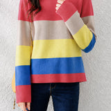 Casual Color‑Blocked Fine Rib Side Slit Knit Top