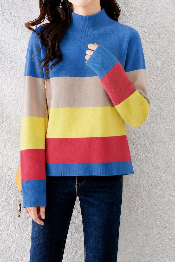 Casual Color‑Blocked Fine Rib Side Slit Knit Top