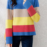 Casual Color‑Blocked Fine Rib Side Slit Knit Top