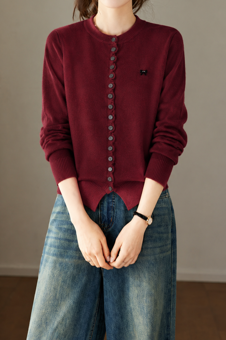 Casual Bow Cardigan With Wavy Ruffle Placket