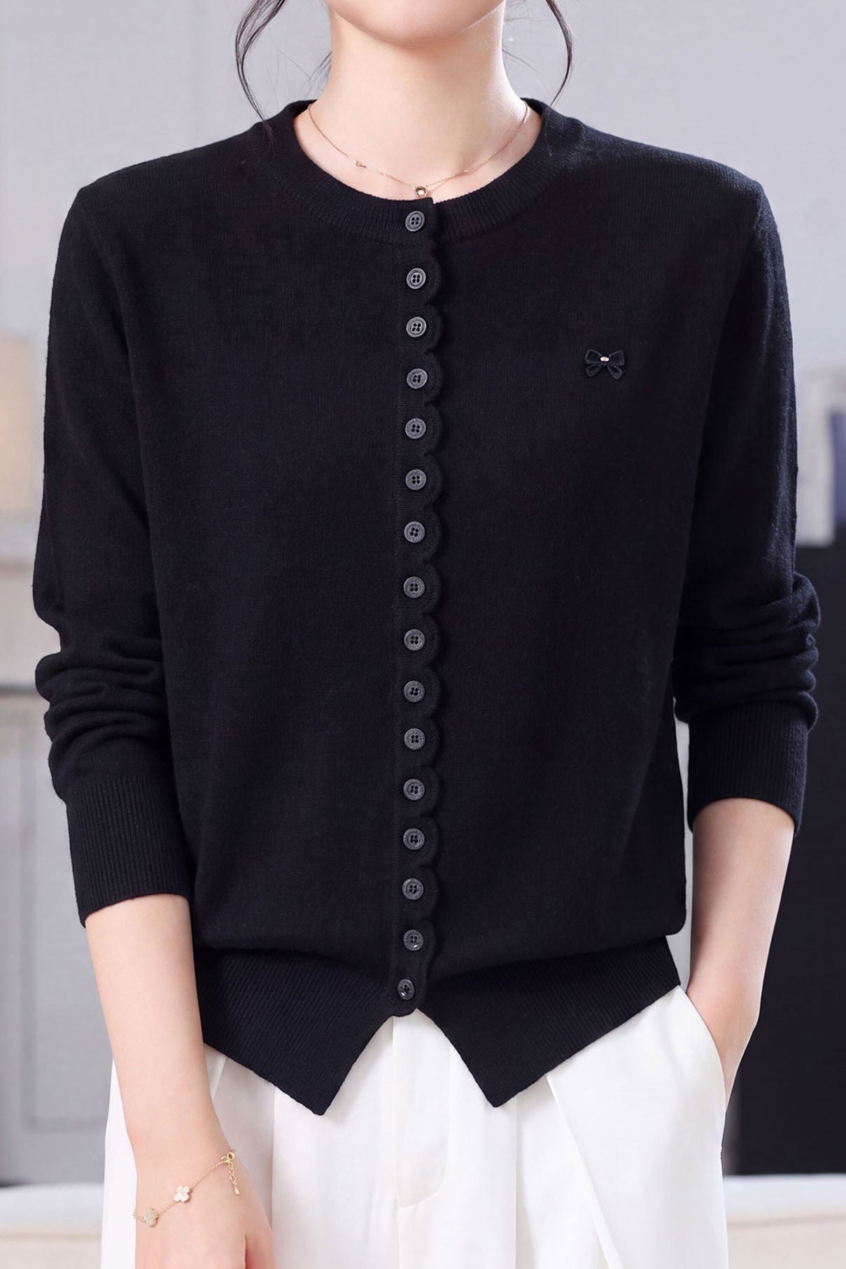 Casual Bow Cardigan With Wavy Ruffle Placket