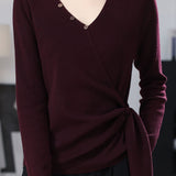 Casual Single‑Breasted Cross V‑Neck Side Tie Knit Top