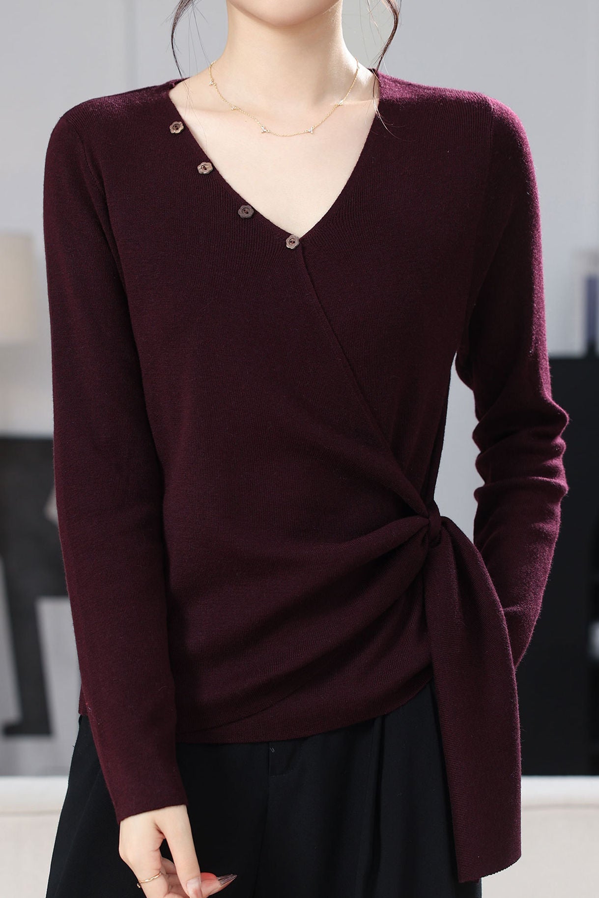 Casual Single‑Breasted Cross V‑Neck Side Tie Knit Top