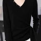 Casual Single‑Breasted Cross V‑Neck Side Tie Knit Top