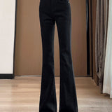 Casual High‑Waisted Double‑Button Flare Denim Trousers