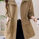 Casual Hooded Zip‑Up Drawstring Elastic Waist Trench Coat