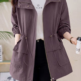 Casual Hooded Zip‑Up Drawstring Elastic Waist Trench Coat