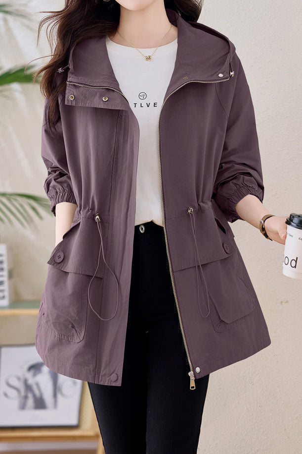 Casual Hooded Zip‑Up Drawstring Elastic Waist Trench Coat