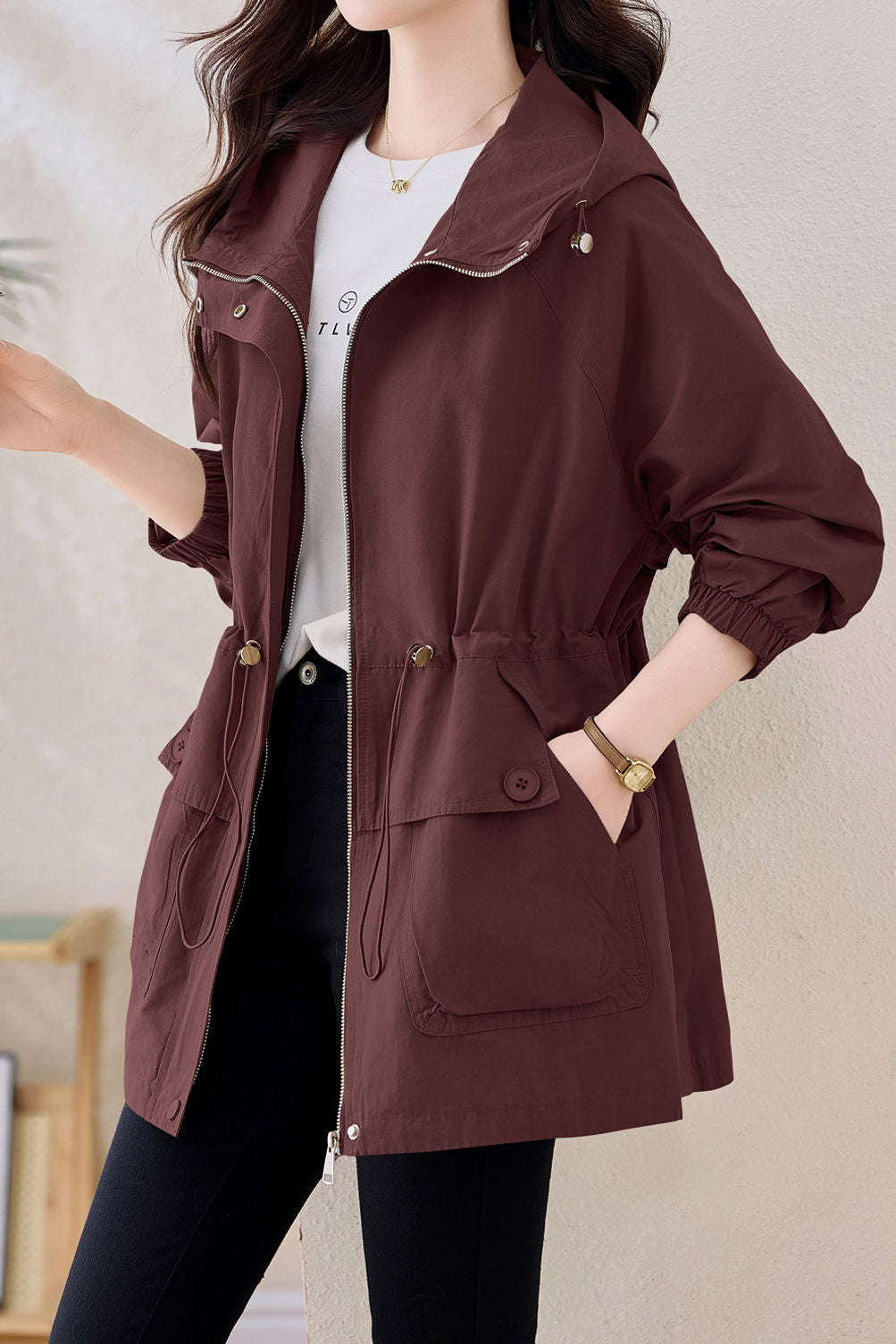 Casual Hooded Zip‑Up Drawstring Elastic Waist Trench Coat