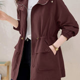 Casual Hooded Zip‑Up Drawstring Elastic Waist Trench Coat