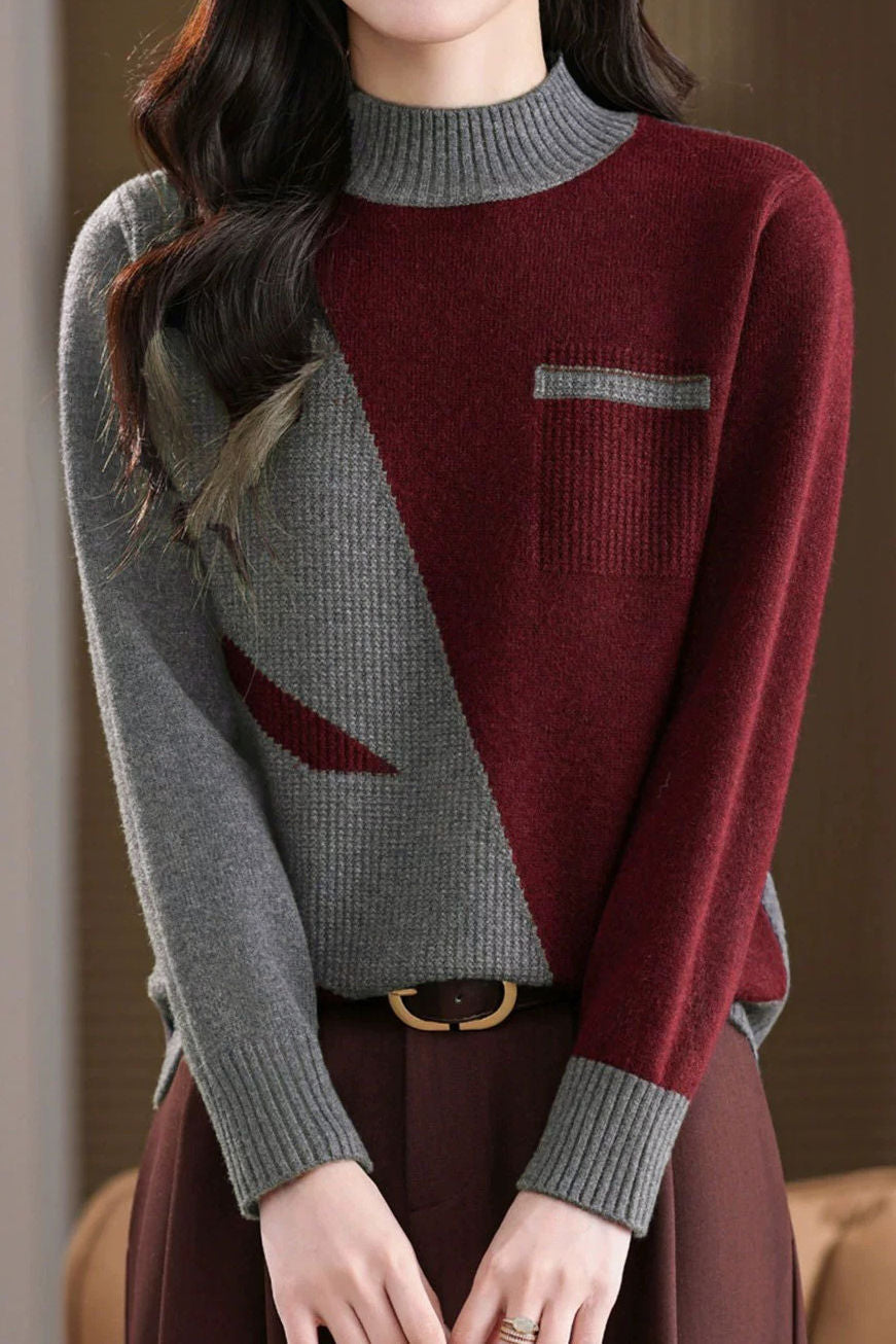 Elegant Mock Neck Color‑Blocked Long‑Sleeve Knit Top
