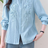 Elegant Date‑Style Crew Neck Lace Applique Puff Sleeve Shirt
