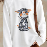 Casual Youthful Cartoon Cat Jacquard Sweater Printed Sweatshirt