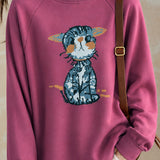 Casual Youthful Cartoon Cat Jacquard Sweater Printed Sweatshirt
