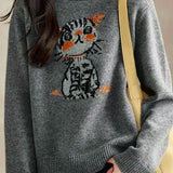 Casual Youthful Cartoon Cat Jacquard Sweater Printed Sweatshirt