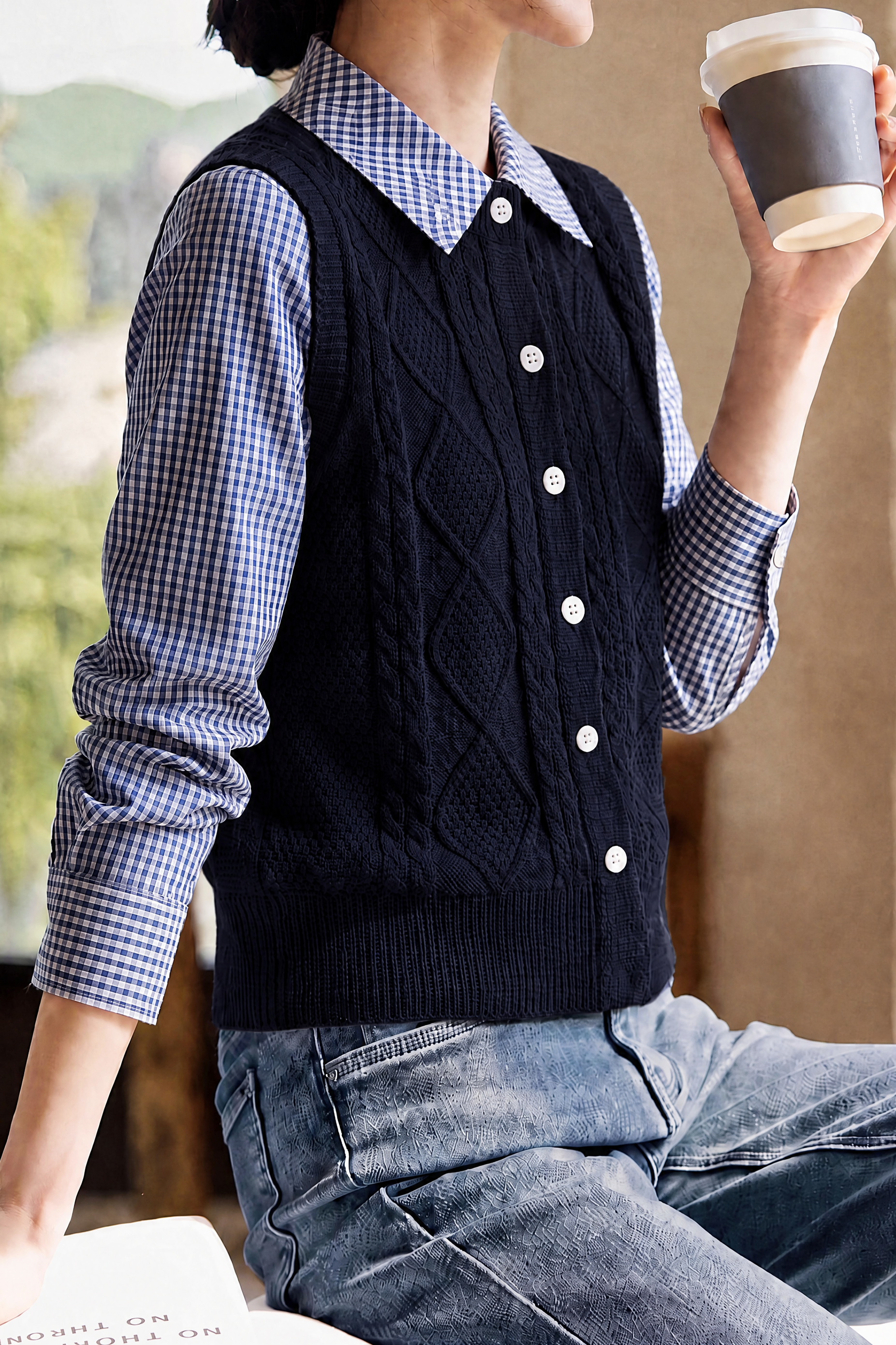 Casual Preppy Fake‑Two‑Piece Cable Knit Vest Spliced Cardigan