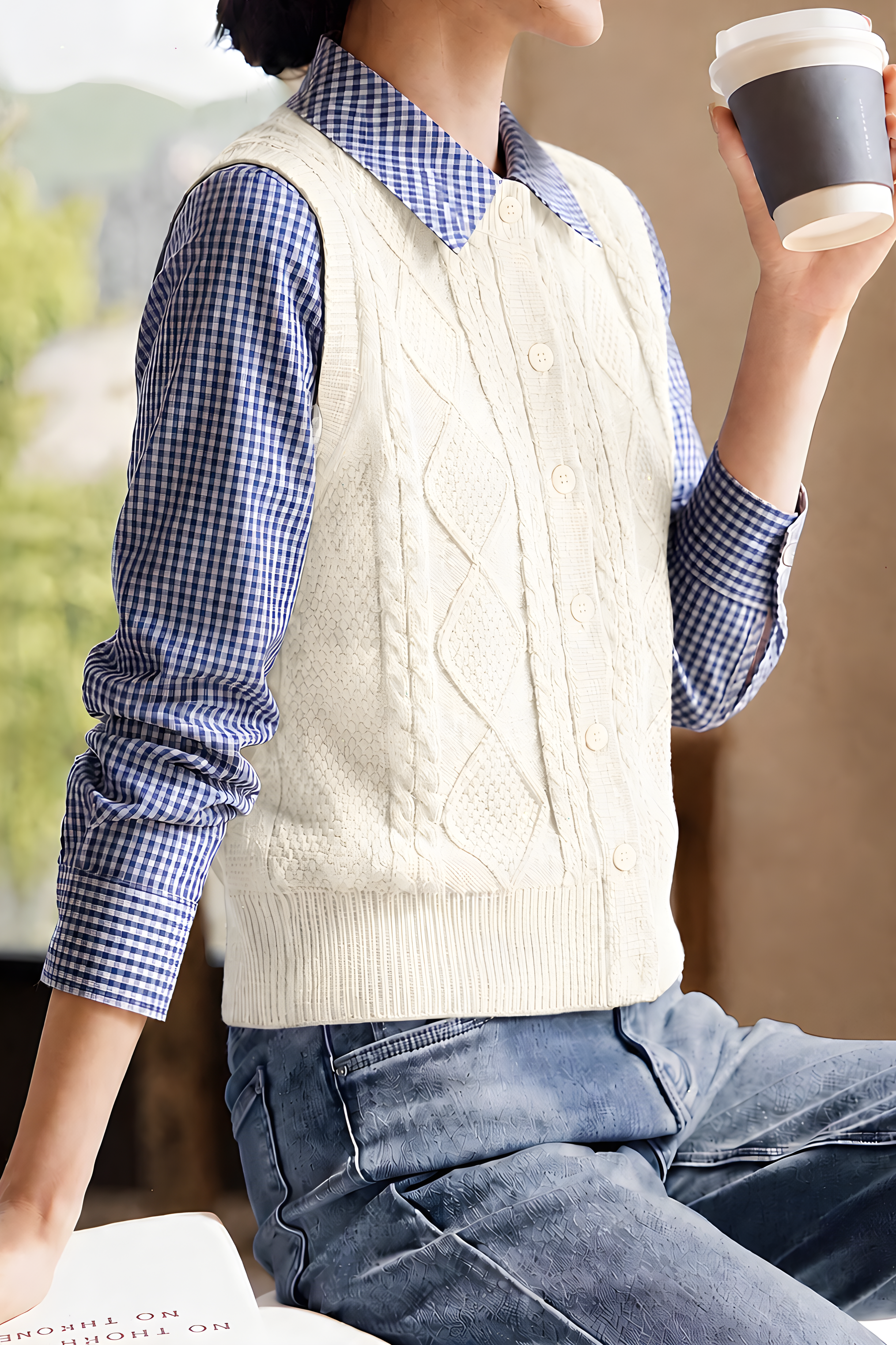 Casual Preppy Fake‑Two‑Piece Cable Knit Vest Spliced Cardigan