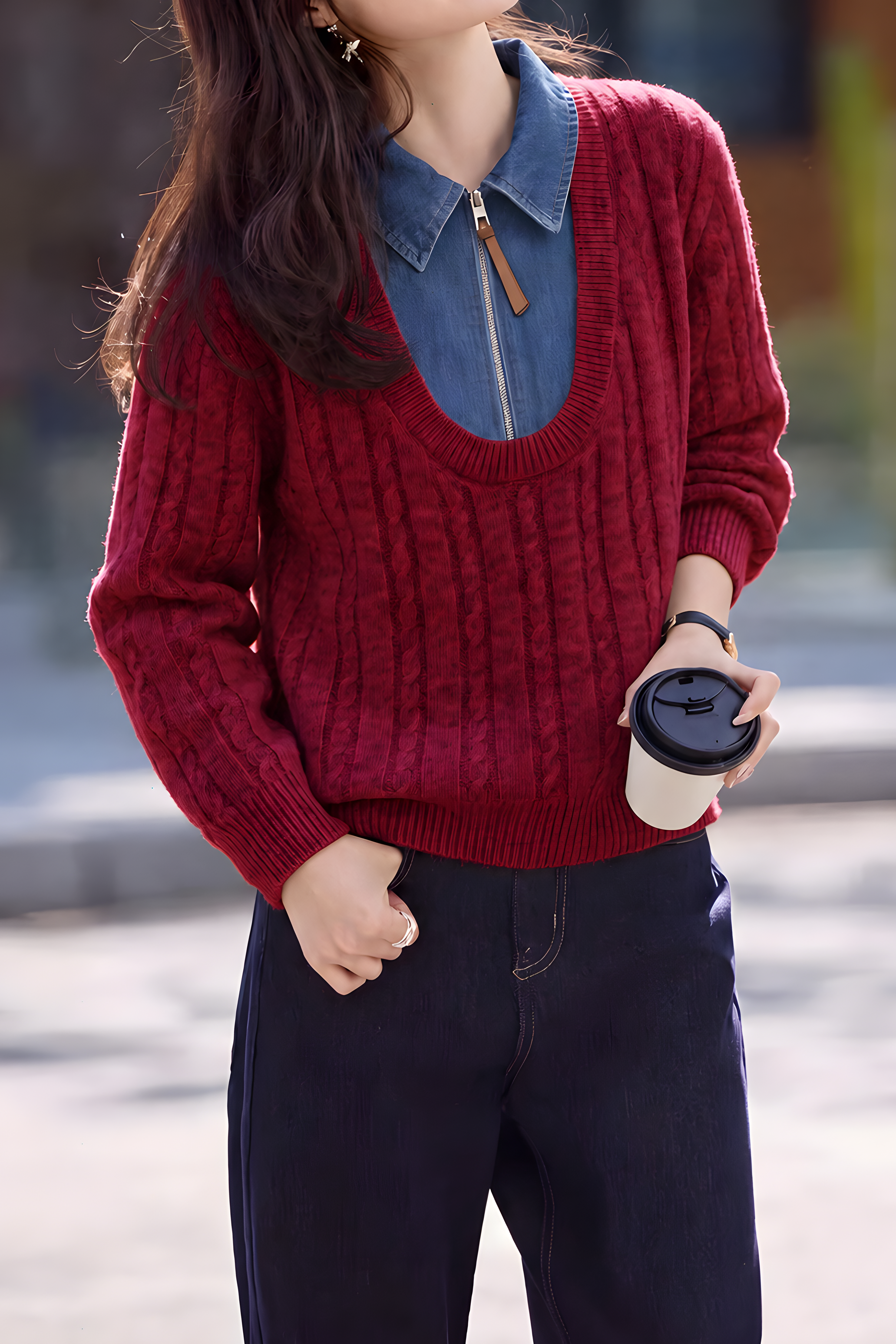Casual Youthful Fake‑Two‑Piece Zip‑Up Denim Spliced Knit Top